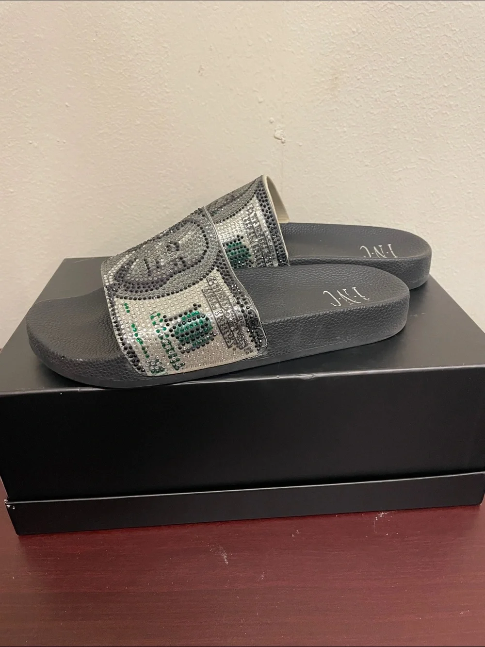 Embellished Black Slide Sandals with Rhinestone Money Print | Size: M6